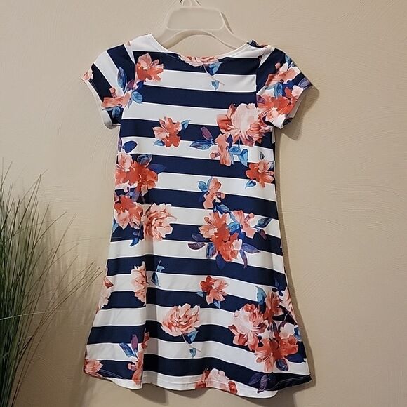 PINK & VIOLET FLORAL SKATER DRESS WITH NAVY BLUE AND WHITE STRIPES, SIZE 6 - Picture 5 of 5